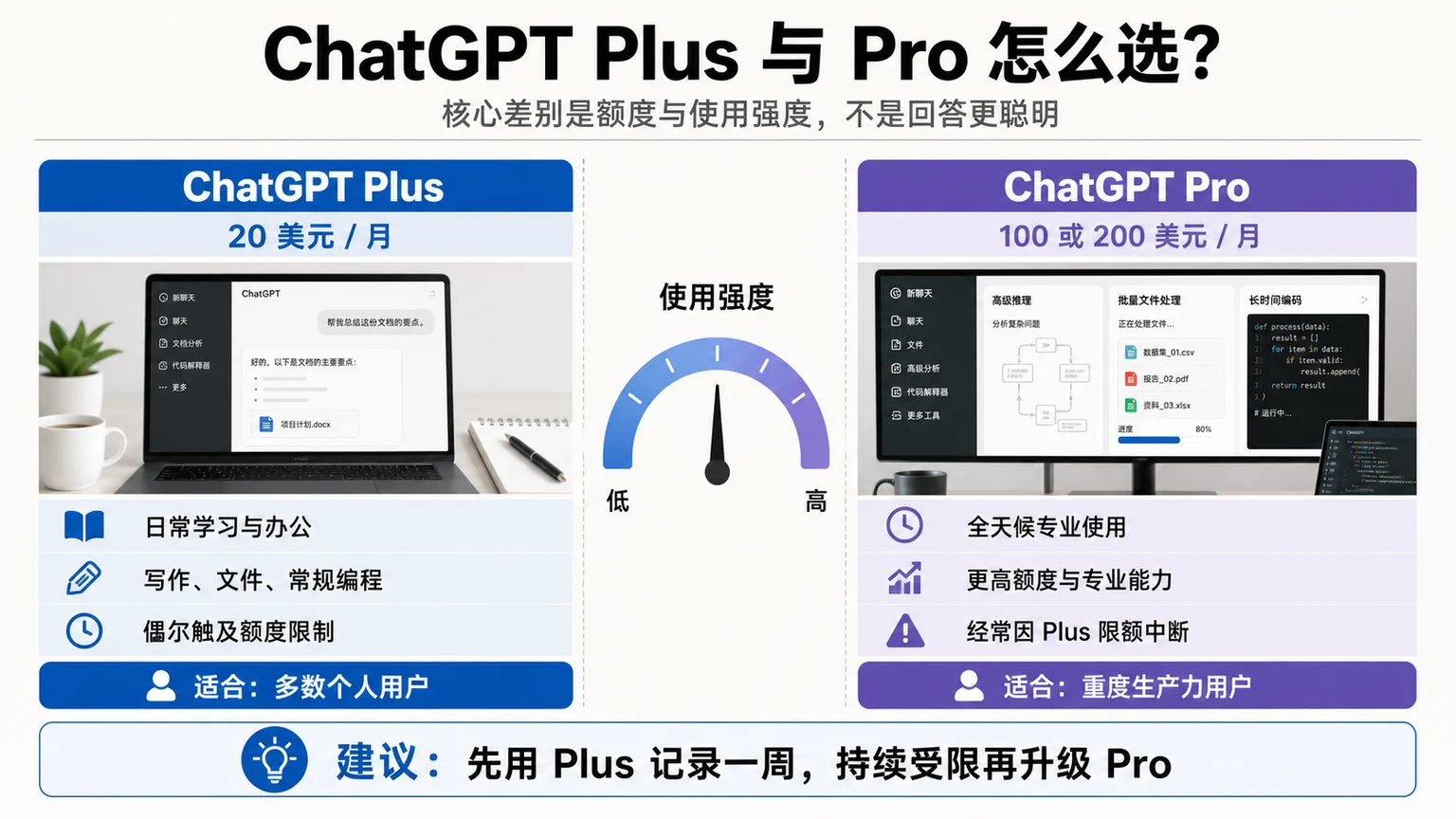 ChatGPT Plus 与 Pro 的价格、使用强度和适用人群对比图